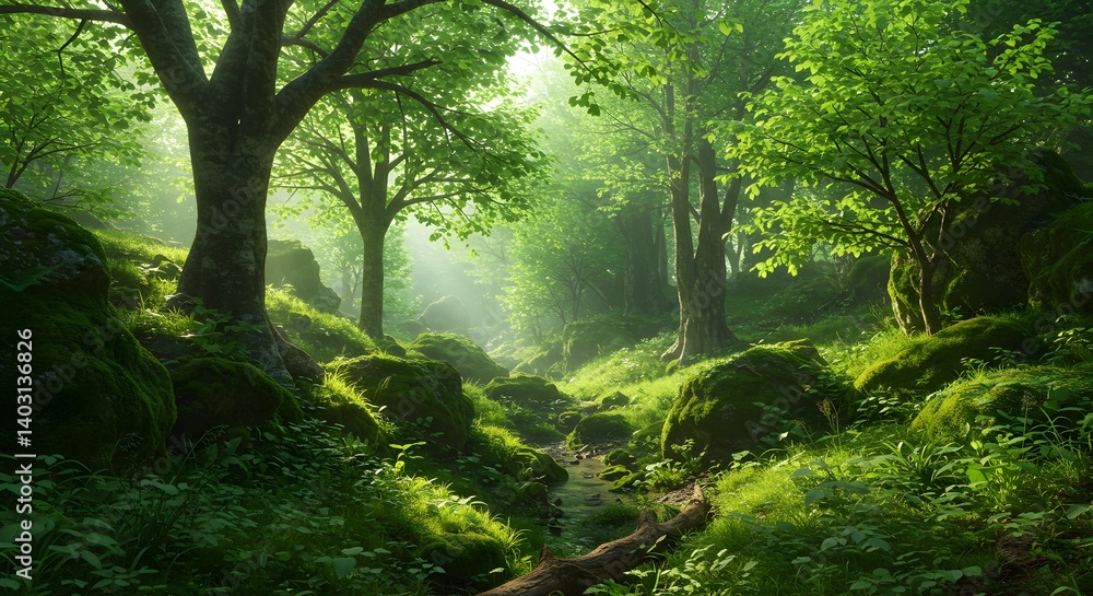 Naklejka premium Lush forest landscape with vibrant greenery and gentle sunlight filtering through trees in a tranquil natural setting at dawn Generative AI
