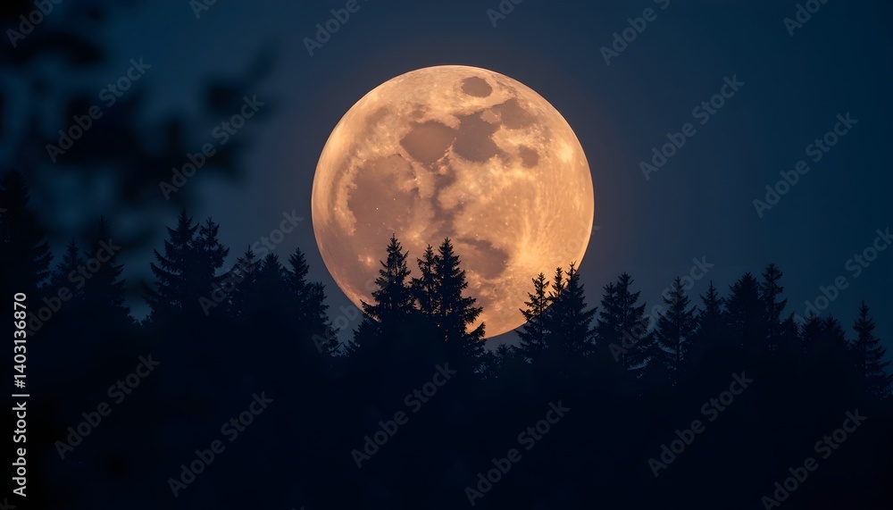 Naklejka premium A majestic full moon, glowing orange and warm, rises above a dark silhouette of a pine forest. A serene and mystical night scene.