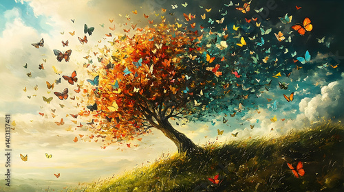 A vibrant tree of life, with butterflies representing transformation and change.