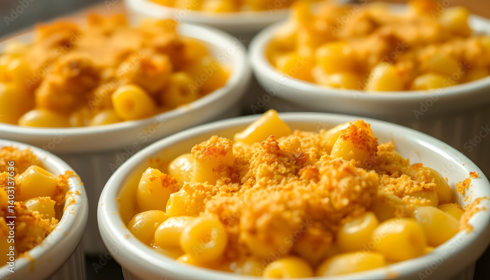 Closeup Creamy Baked Macaroni And Cheese In Small White Cups Closeup Creamy Baked Macaroni And Cheese In Small White Cups