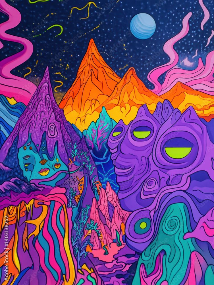 A psychedelic doodle mural with melting faces and neon colors A psychedelic doodle mural with melting faces and neon colors