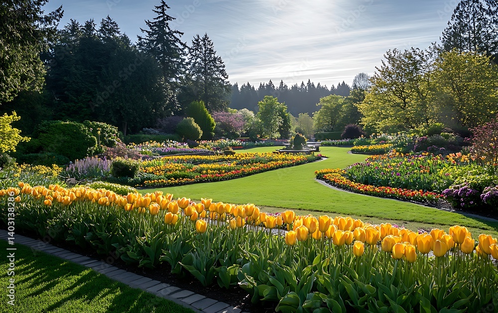 Obraz premium Lush Garden with Yellow Tulips, Grass, Flowers, and Trees under Sunny Sky
