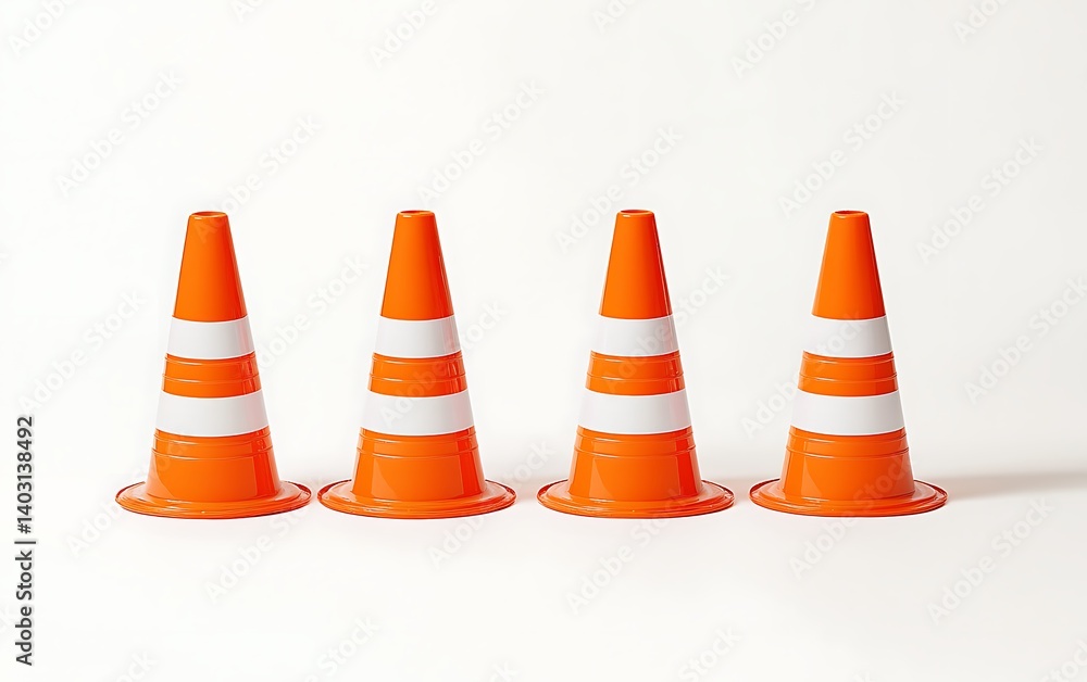 Row of Four Orange Traffic Cones with White Stripes on a White Background Row of Four Orange Traffic Cones with White Stripes on a White Background