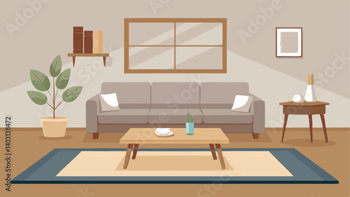 A spacious living room with white walls a neutral colored area rug and a low coffee table made of polished wood