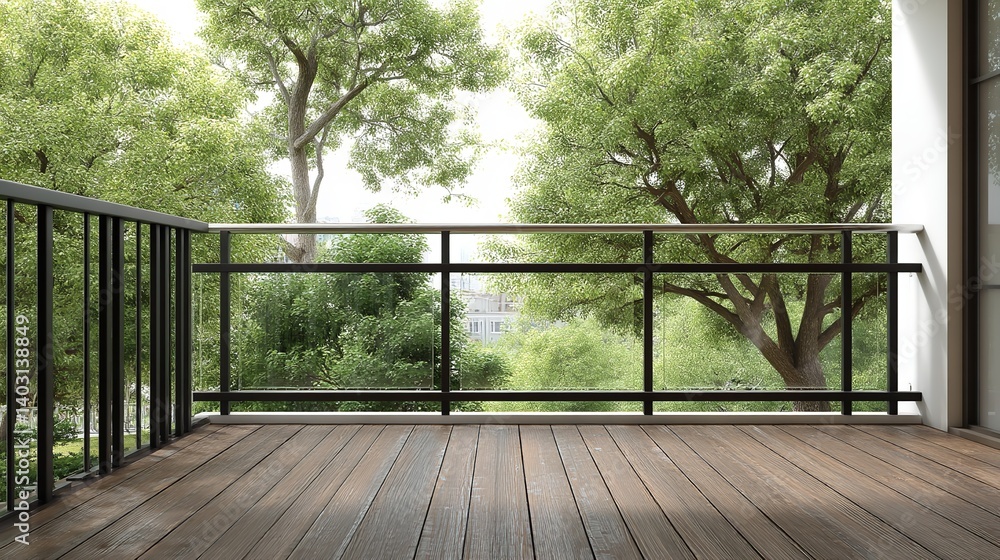 Modern Black and White Balcony Railing with Guardrail and Wooden Deck Flooring, 3D Rendering, Green Trees Visible Through Window Modern Black and White Balcony Railing with Guardrail and Wooden Deck Flooring, 3D Rendering, Green Trees Visible Through Window