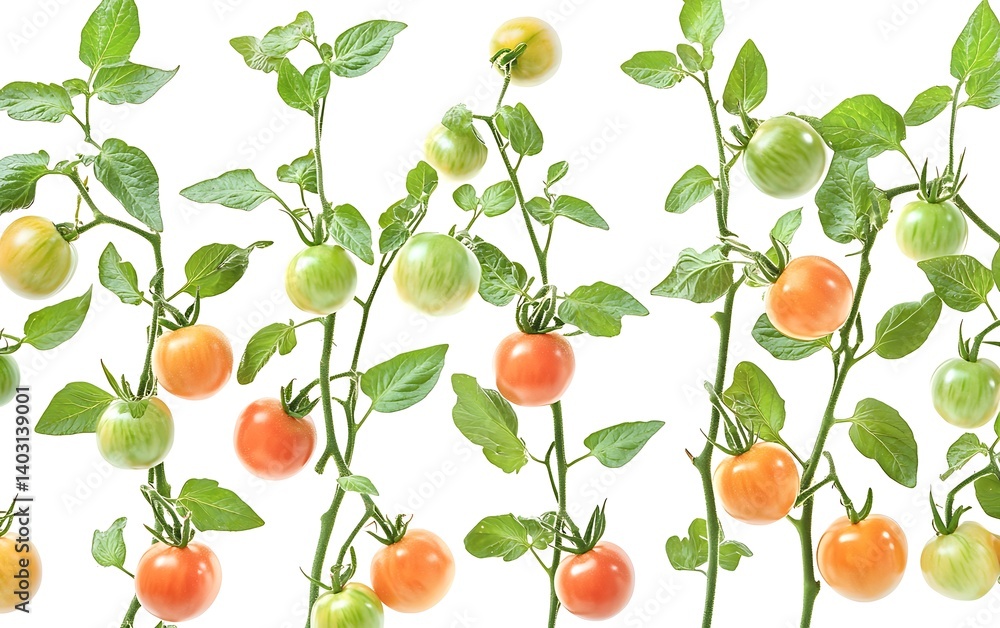Fresh Tomatoes on Vines with Green Leaves Isolated on White Background Healthy and Organic Fresh Tomatoes on Vines with Green Leaves Isolated on White Background Healthy and Organic