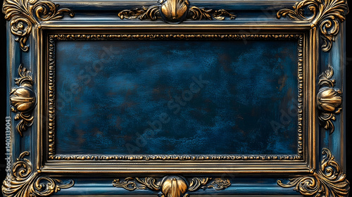 Ornate deep blue picture frame with gold accents.