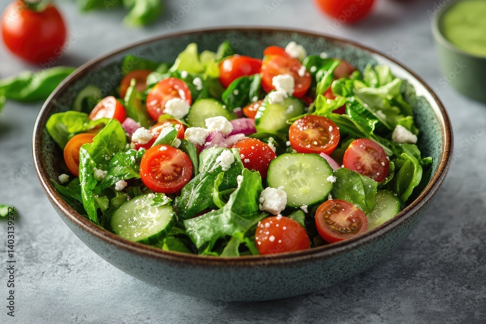Colorful salad bowl with lettuce tomatoes cucumbers feta and vinaigrette dressing Colorful salad bowl with lettuce tomatoes cucumbers feta and vinaigrette dressing