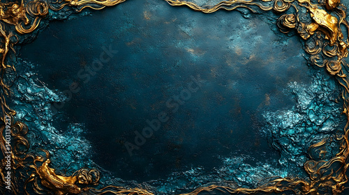 A deep teal textured surface framed with ornate golden embellishments.