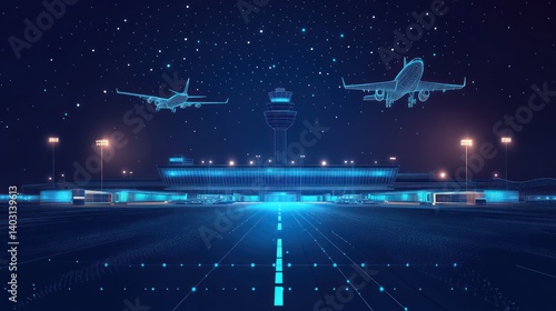 Night airport, planes taking off, control tower, digital wireframe, travel