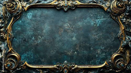 Ornate gold-framed teal textured decorative plaque.