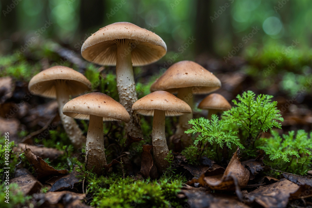 A macro shot of mushrooms growing on a forest floor, highlighting the intricate textures of their caps in a detailed and captivating natural scene A macro shot of mushrooms growing on a forest floor, highlighting the intricate textures of their caps in a detailed and captivating natural scene