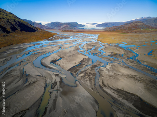 Aerial view of a glacial river delta in south Iceland.