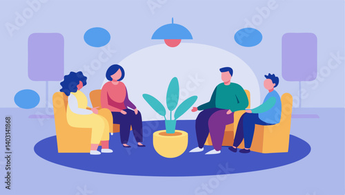 InPerson Meetup A cozy room with a circle of chairs occupied by four individuals with disabilities engaging in discussion with plants and soft lighting creating a welcoming
