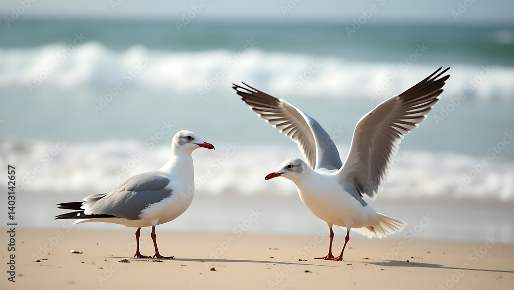 Two seagulls are standing on a sandy beach. Two seagulls are standing on a sandy beach.