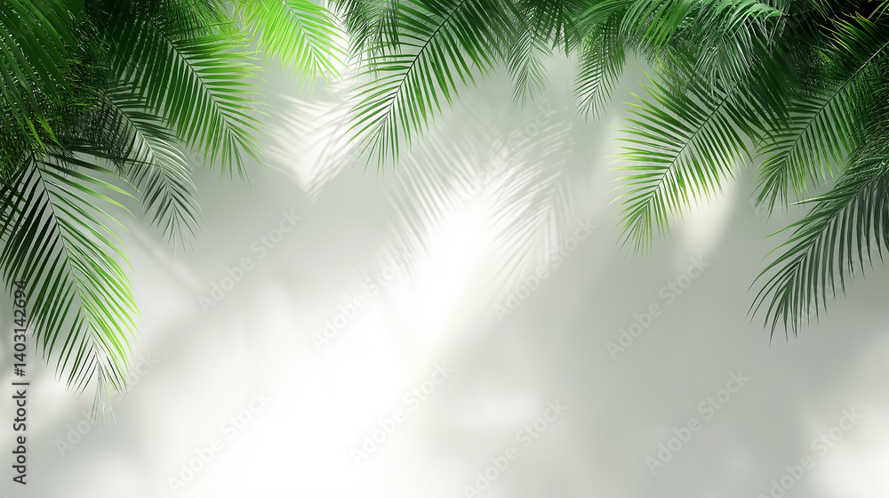 Sunlight Casts Palm Leaf Shadows on a Smooth White Wall Creating an Elegant Natural Design Sunlight Casts Palm Leaf Shadows on a Smooth White Wall Creating an Elegant Natural Design