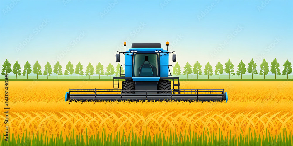 Obraz premium combine harvester working on a field. Blue combine harvester in golden rice field. Modern agricultural machinery at work. Farming efficiency in harvest season. 