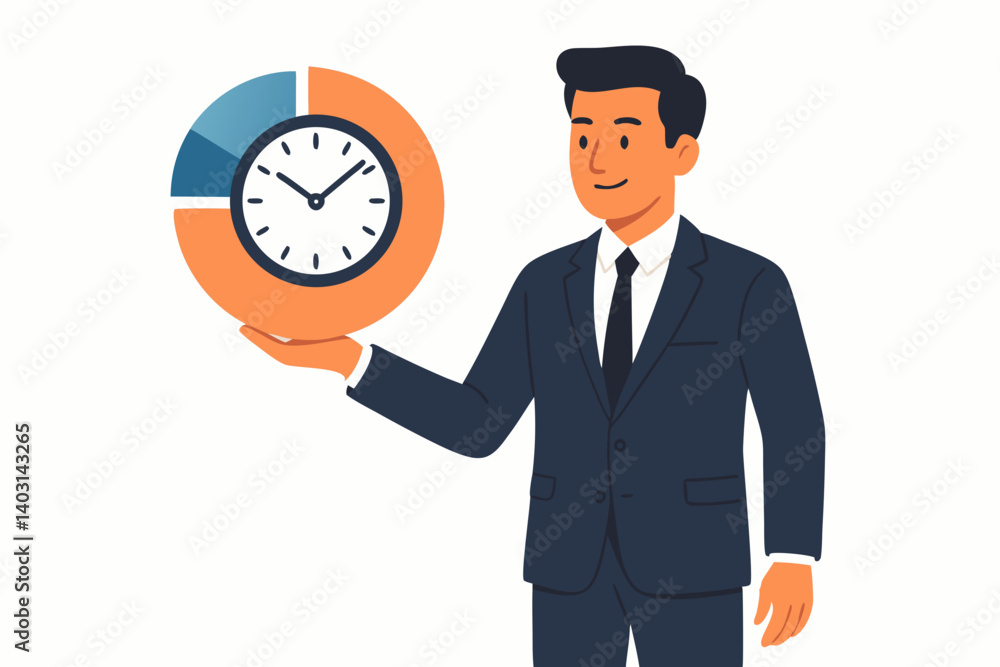 Businessman Holding Clock and Pie Chart Representing Time Management, Productivity, and Strategic Planning in Professional Work Environment Businessman Holding Clock and Pie Chart Representing Time Management, Productivity, and Strategic Planning in Professional Work Environment