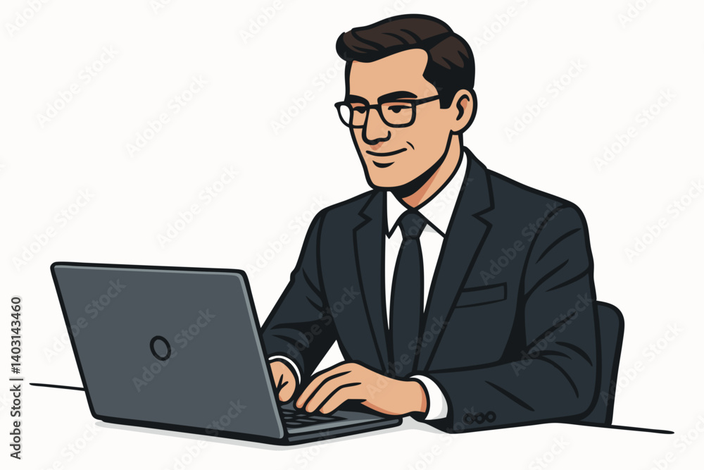 Professional Businessman in Formal Suit Typing on Laptop at Office Desk, Focused on Corporate Work and Productivity, Modern Illustration for Business Concepts and Professional Themes Professional Businessman in Formal Suit Typing on Laptop at Office Desk, Focused on Corporate Work and Productivity, Modern Illustration for Business Concepts and Professional Themes