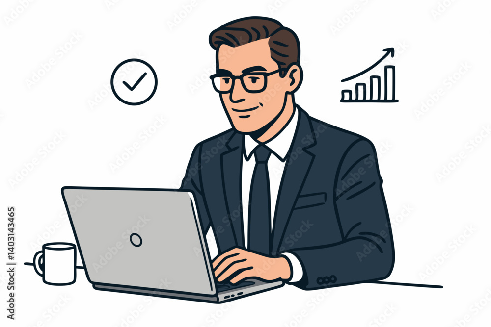 Professional Businessman in Suit Using Laptop with Growth Chart and Checkmark Icons Representing Productivity, Success, and Efficient Work in Modern Office Environment Professional Businessman in Suit Using Laptop with Growth Chart and Checkmark Icons Representing Productivity, Success, and Efficient Work in Modern Office Environment