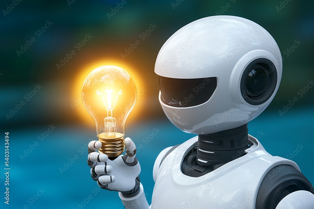 Robot holding glowing lightbulb.