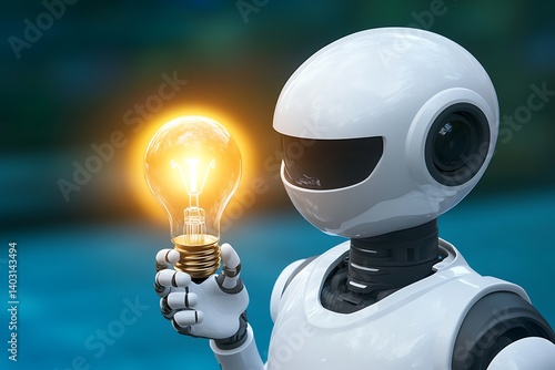 Obraz na płótnie Robot holding glowing lightbulb. w salonie