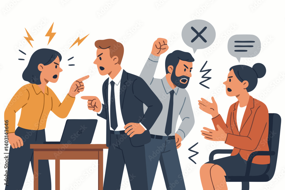Animated Office Conflict Scene with Colleagues in Heated Debate, Expressing Anger and Disagreement During Workplace Discussion Around a Desk with Laptop Animated Office Conflict Scene with Colleagues in Heated Debate, Expressing Anger and Disagreement During Workplace Discussion Around a Desk with Laptop