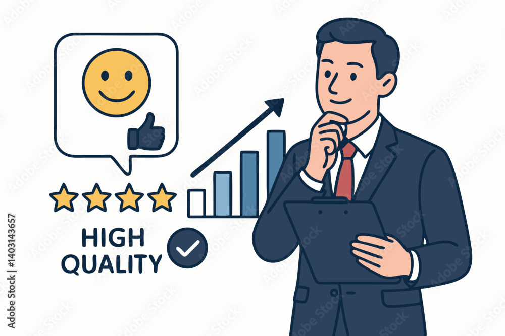 Professional Business Feedback Evaluation Concept with Five-Star Rating, Growth Chart, Smiley Face, Thumbs-Up Icon, and High-Quality Assurance in Modern Vector Style Professional Business Feedback Evaluation Concept with Five-Star Rating, Growth Chart, Smiley Face, Thumbs-Up Icon, and High-Quality Assurance in Modern Vector Style