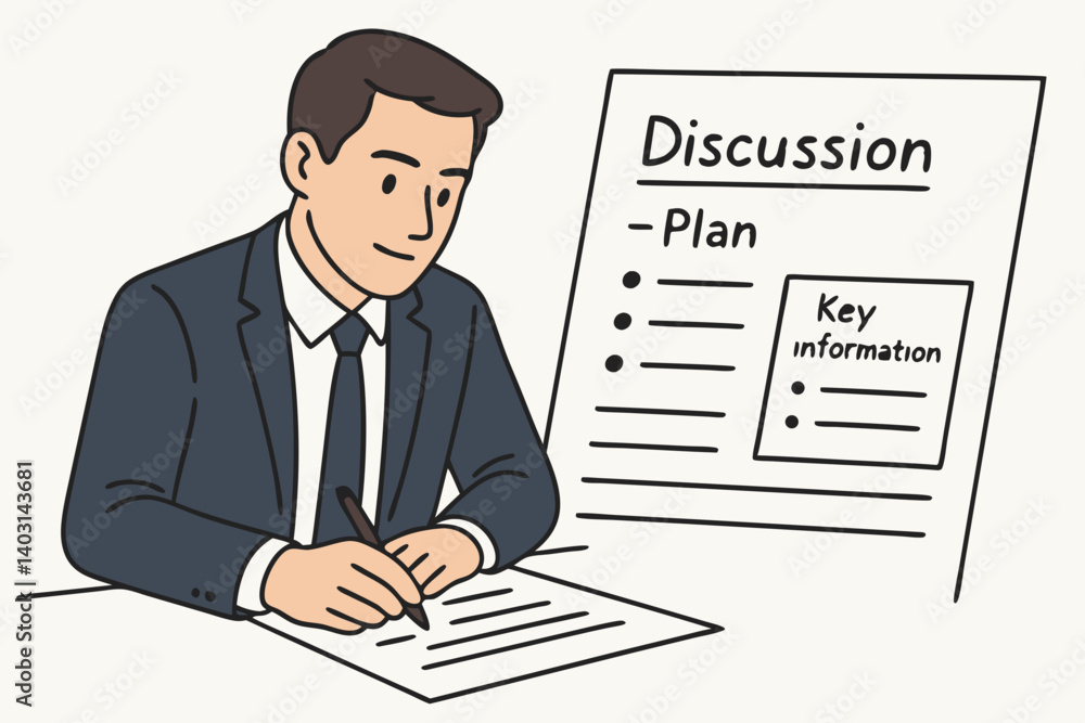 Professional Businessman Writing Meeting Notes with Discussion Plan and Key Information for Effective Documentation in Corporate Settings Professional Businessman Writing Meeting Notes with Discussion Plan and Key Information for Effective Documentation in Corporate Settings