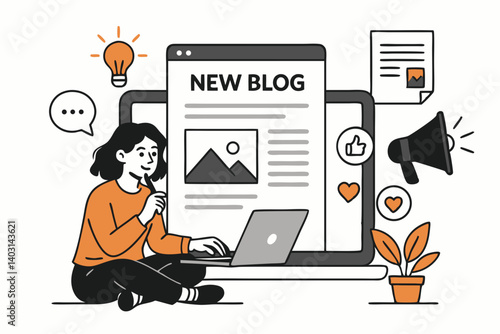 Female Blogger Creating Engaging Content on Laptop with Creative Ideas and Social Media Elements in a Modern Workspace Illustration