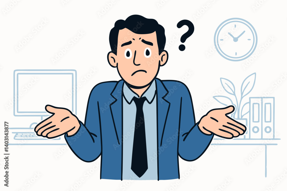 Businessman Shrugging in Confusion with Question Mark in Office Setting, Concept of Uncertainty and Workplace Decision Challenges Businessman Shrugging in Confusion with Question Mark in Office Setting, Concept of Uncertainty and Workplace Decision Challenges