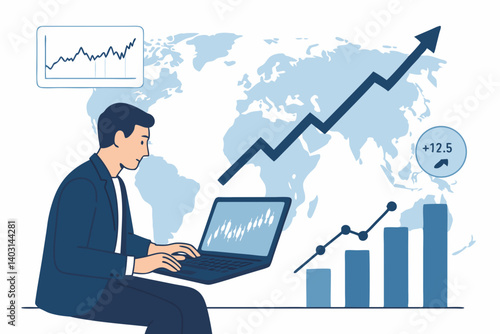 Businessman Analyzing Global Market Trends with Rising Graphs, Statistical Charts, and Laptop on World Map Background for Financial Growth and Investment Insights