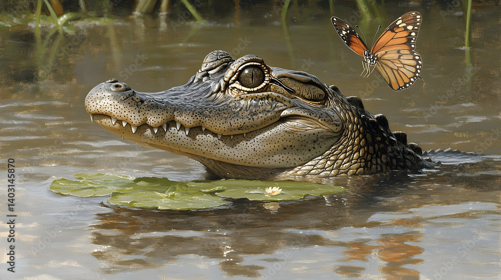 Fototapeta premium A young alligator basks in the sunlit swamp, a butterfly fluttering nearby.