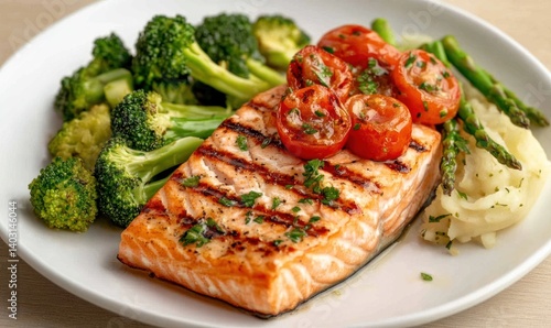 Grilled salmon fillet with tomatoes broccoli asparagus and mashed potatoes on plate.