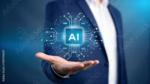 Futuristic AI hologram in professional setting. Hand interacting with digital artificial intelligence display. Modern tech innovation with human touch.