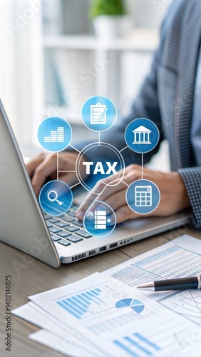 Tax and financial management with digital icons. Business professional using calculator for global finance. Modern corporate accounting technology.