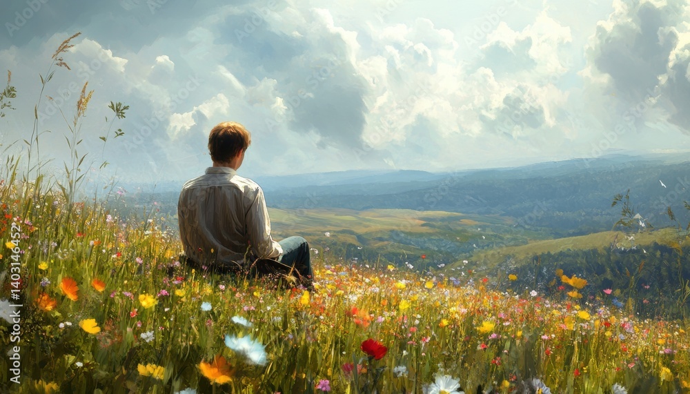 Fototapeta premium A serene man sits amidst a vibrant meadow, contemplating the vast landscape.