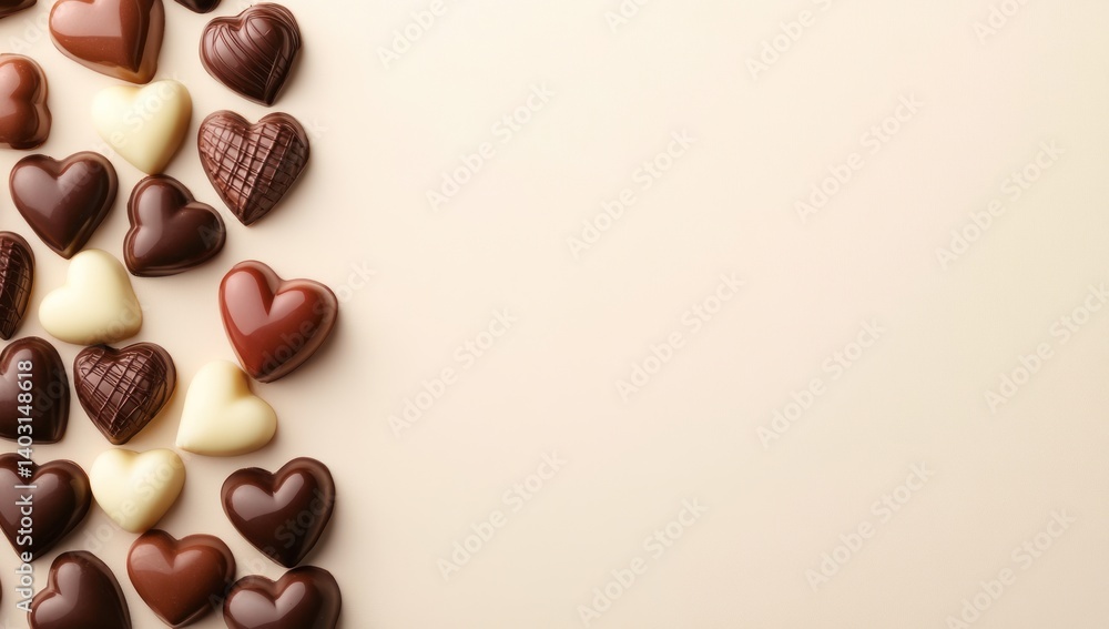Heart shaped chocolates in dark milk and white colors on a beige background. Heart shaped chocolates in dark milk and white colors on a beige background.