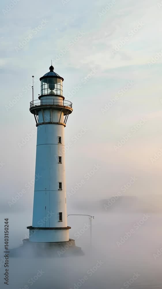 Tall white lighthouse stands against a backdrop of heavy fog and a cloudy, soft sunrise sky near the water Tall white lighthouse stands against a backdrop of heavy fog and a cloudy, soft sunrise sky near the water