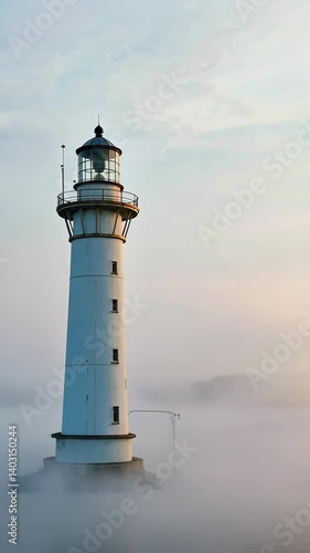Wallpaper Mural Tall white lighthouse stands against a backdrop of heavy fog and a cloudy, soft sunrise sky near the water Torontodigital.ca