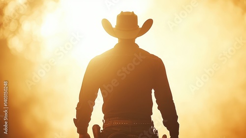 A silhouette of a cowboy standing against a glowing sunset, evoking a sense of adventure and embodying the spirit of the Wild West, showcasing rugged individualism and freedom.