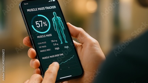 Close-up of hands holding smartphone displaying muscle mass tracker app, showing percentages, lean mass, fat mass, muscle index, and progress over time