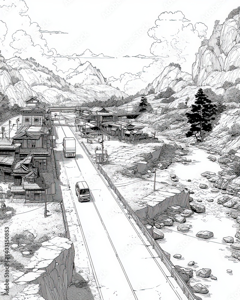 Fototapeta premium Idyllic Mountain Road with Traditional Houses and Scenic Nature Landscape in Black and White
