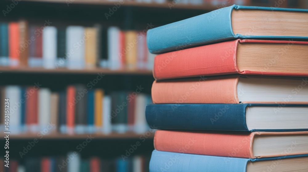Fototapeta premium A stack of colorful books in a library setting, symbolizing knowledge and learning. Perfect for illustrating hobbies, reading, and education themes.