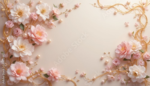 Decorative floral backdrop in pastel colors, flowers background for wedding photo album, beautiful mural, luxury wall art. Generative AI.
