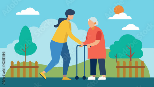 Outdoor Assistance A caregiver helping an elderly person using a walker navigate a garden path emphasizing outdoor activities and mobility assistance.