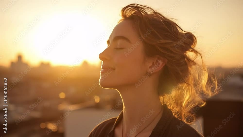 Serene Young Woman at Sunset Golden Hour Cityscape Portrait Serene Young Woman at Sunset Golden Hour Cityscape Portrait