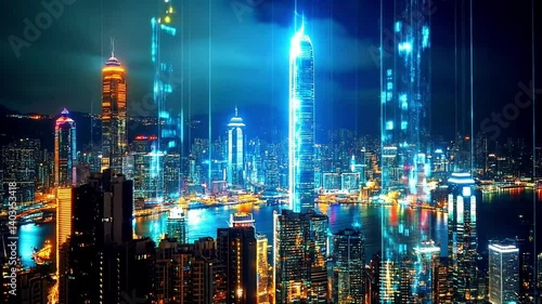 Wallpaper Mural Vibrant Night Cityscape with Digital Data Streams Torontodigital.ca