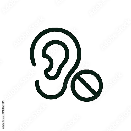 Black line icon of human ear with prohibition symbol indicating hearing loss, deafness, or sound restriction in minimal design