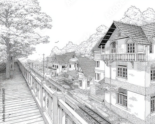 Wallpaper Mural Charming Residential Neighborhood with Scenic Walkway and Quaint Houses in Black and White Torontodigital.ca